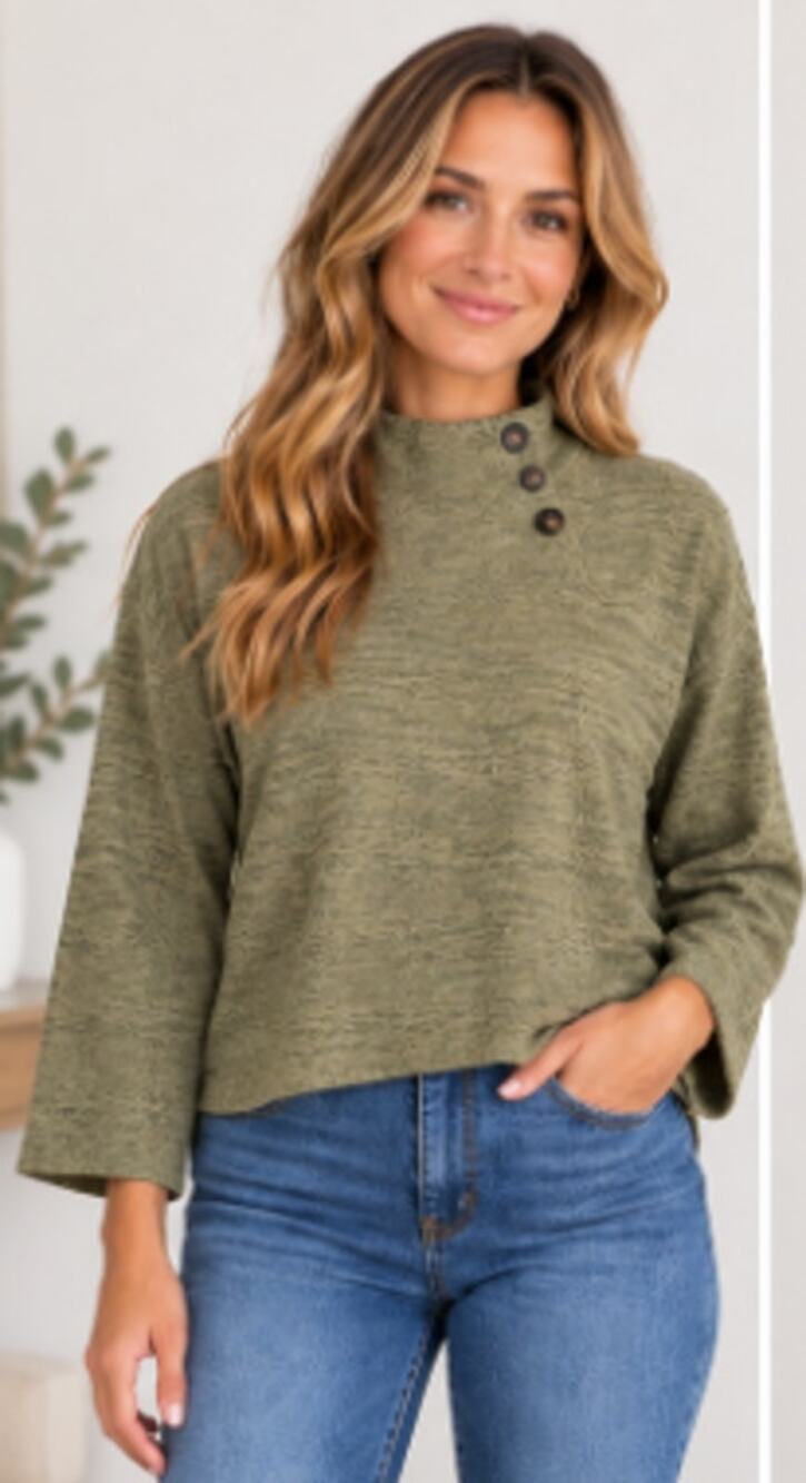 Eri + Ali Anthropologie Olive Green Mock Neck Henley Knit Top Size L